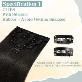 S-noilite Clip-In Real Hair Extensions, Jet Black, Remy Human Hair, 70 g, 45 cm, Thin Wefts, 8 Wefts, #1