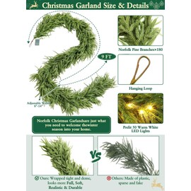 9Ft 50LED Norfolk Pine Garland, Christmas Garland with Lights Timer 180 Branch Tips Real Touch Cedar Garland Realistic Soft Thickness Faux Greenery Garlands for Table Mantle Stairs Holiday Party Decor