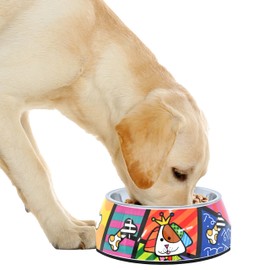 Romero Britto Pet Bowl - Artsy & Washable Food-Grade Stainless Steel Dish for Dogs & Cats, Dog Landscape, Perfect Portion for Food & Water, Great for Small, Medium, Large Breeds (Large)
