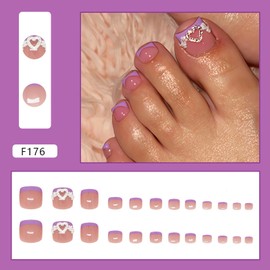 24Pcs Purple 3D Press on Toenails Short Square Fake Toenails with Heart Designs Summer Cute Stick on Toe Nails Press ons Flower Full Cover Toenail for Women Toenail Supplies Kit