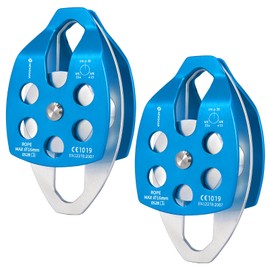 NewDoar 30KN Seilrolle Umlenkrolle Einzel-/Doppelrolle Große Rettungsrolle Einzel-/Doppelrolle mit Schwenkplatte für Rettungstransporte, Baumpfleger, Baumklettern(Doppelrolle Blau 2 Stück)