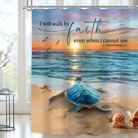 Riyidecor Beach Turtle Shower Curtain 60Wx72H Inch Bible Verse Curtain Ocean ...