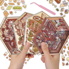 4Pcs 3D Fun Mini House Scenes Stickers with Tweezers Make Your Own Mini Bakery Flower House Coffee Shop Library Scenes Stickers Cute Mini Room Craft Scrapbook Stickers for Relief Stress Pass The Time