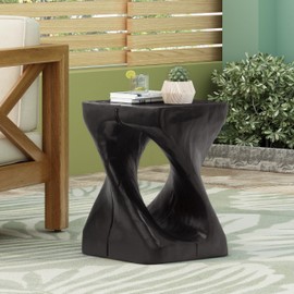 Lightweight Concrete Outdoor Side Table,Twist Shape Outdoor End Table, Wood-Like Texture Modern Small Accent Table for Patio Garden Balcony Porch Antique Black 16" H