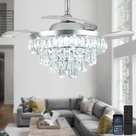 RHEAFON Dimmable Fandelier Crystal Chandelier Ceiling Fan Retractable Ceiling Fan with Lights and Remote 6 Speed, 3 Light Change Retractable Chandelier Ceiling Fan for Bedroom