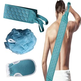 SYXLS Double Sided Frosted Shower Sponge, Plant Fiber Bath Brush Three Piece Set, Dual Layer Side Shower Brush for Men and Women, Deep Dry Skin on The Back, Extended Sesign Shower Brush