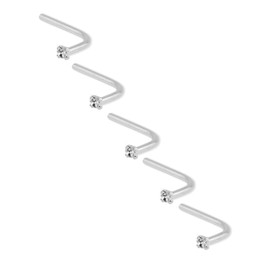 5/925 Solid Sterling Silver 1.8mm clear cubic zerconia jewel Screw L Shape Nose Studs