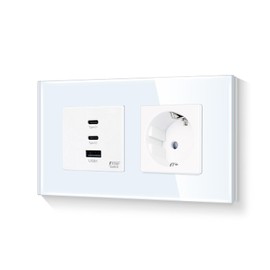 LIAONFOY Schuko Single Socket with Super Fast Charging Three Ports Wall Socket Type C and USB Combination Charging Ports Glass Frame White 157 mm 100-240 V (Neutral Line Required)