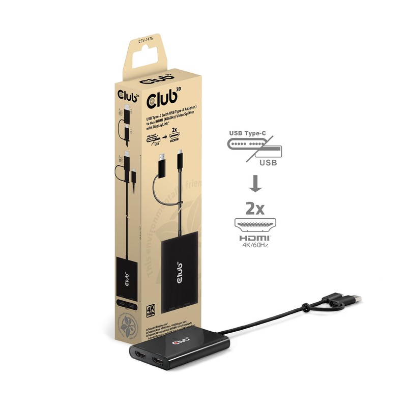 Club3D CSV-1475 USB Type-C (with USB Type-A Adapter) to Dual