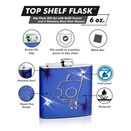 Hip Flask Holding 6 oz - Zipper Guy Design - Pocket Size, Stainless Steel, Leak Proof, Screw-On Cap - Violet, Black, and White Wrapped Vinyl Finish - Black Gift Box Included