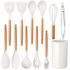 E-far Kitchen Utensils Set of 12, Silicone Cooking Utensils with Holder, Non-stick Cookware Friendly & Heat Resistant, Includes Spatula Tong Whisk Ladle Brush Slotted Turner Spoon (White)