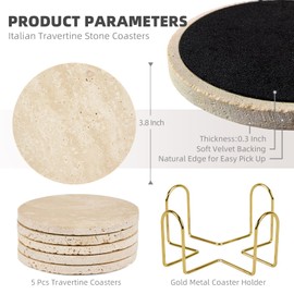 YONGHEE Italian Travertine Coasters Set of 5 with Holder, Round Beige Marble Drink Coasters for Coffee Table Decor Housewarming Gift, Unique Natural Stone Absorbent Coaster for Surface Protection