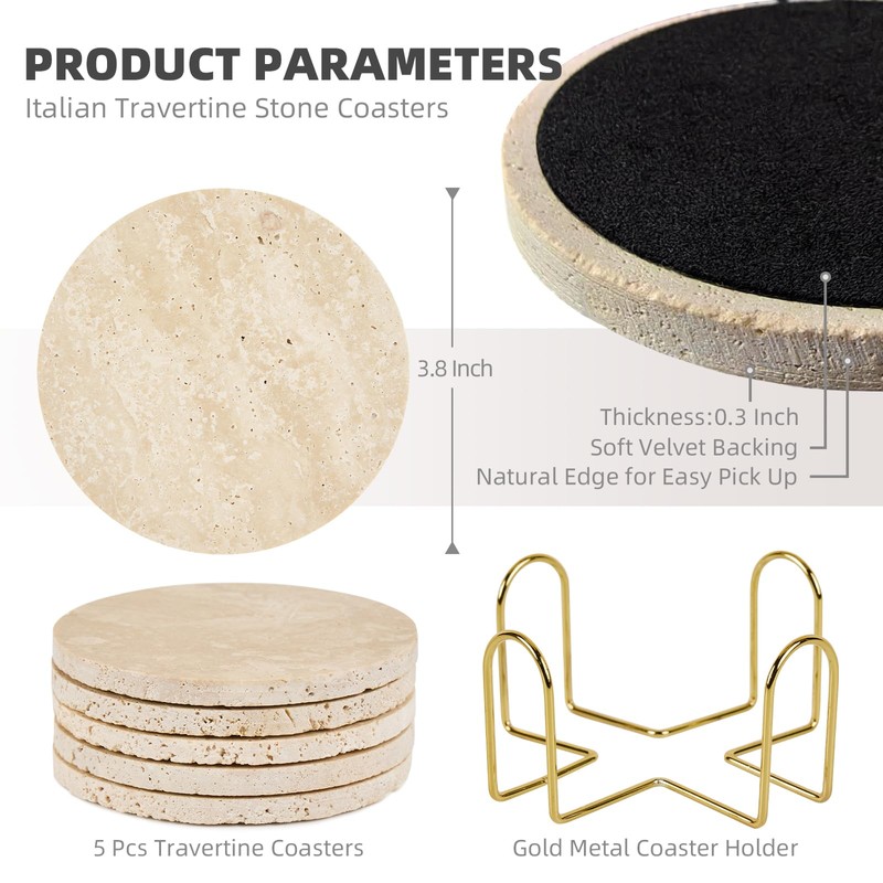 YONGHEE Italian Travertine Coasters Set of 5 with Holder, Round