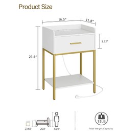 Acodaiuy Nightstand with Charging Station,3-Tier Modern Bedside Table Night Stand with Storage Drawer and Shelf,Small End Side Table for Bedroom,Living Room,White