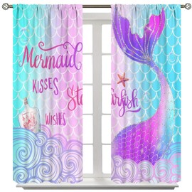 Cortinas de sirena, color verde de dibujos animados, lindo, acuarela, coral, subacuático, animal, sirena, decoración de princesa, tratamientos de ventanas, cortinas con aislamiento térmico para niños,