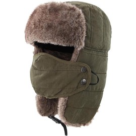 Men's Trooper Trapper Hat Warm Winter Hats with Removable Face Mask Earflaps Faux Fur Hunting Outdoor Hat - Color: Army Green, Size: Large