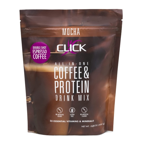 CLICK Mocha Coffee Protein Powder, Double Shot Espresso Coffee, High Protein plus 23 Essential Vitamins, Low Calorie Meal Replacement, Gluten Free, No Artificial Flavors or Colors, 15.8-Ounce