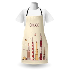 Ambesonne Chicago Skyline Apron, Hand Drawn Style American Town with Historical and Famous Buildings Print, Unisex Kitchen Bib with Adjustable Neck for Cooking Gardening, Adult Size, Champagne Red