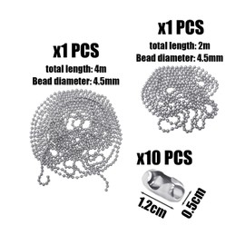 6m Set Of Roller Blind Chain, Chain Connector, Stainless Steel Ball Chain, Silver Chain, Furniture Accessories, Suitable For Curtains, Blinds, Roller Blinds