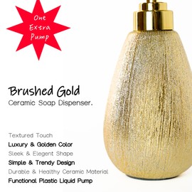 ABBI NIMO Brushed Gold Ceramic Soap Dispenser for Bathroom Kitchen 2 Pack, Luxurious Textured Hand Soap Dispenser for Countertop, 11 oz Refillable Dish Soap Dispenser with Golden Plastic Pump