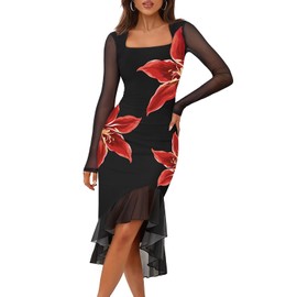 MEROKEETY Women's Long Sleeve Floral Midi Dress Bodycon Square Neck Ruffle Hem Mesh Wedding Guest Cocktail Party Dresses, BlackRed, Medium