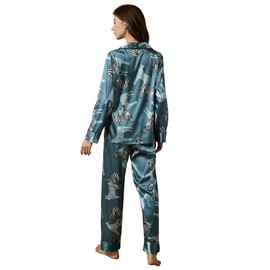 Belle Heure Women’s Silk Satin Classic Long Sleeve Pajamas Button Down Silky Floral Animals Pattern Set Loungewear Sleepwear