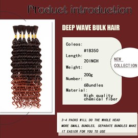Deep Wave Bulk Hair for Braiding 20 Inch 6 Bundles 200g Natural Black Curly Braiding Hair for Boho Braids No Weft Wet and Wavy Braiding Hair Extensions (#1B350,200g/ 6 bundles)20Inch