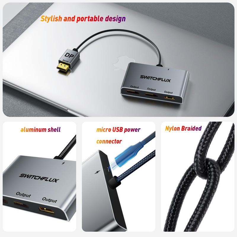 SWITCHFLUX DisplayPort to Dual DisplayPort with HDMI Adapter |4K@60Hz| Extended