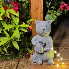 SIHANJUN Realistic Outdoor Cat Statue - Weather-Resistant Polyresin Garden Decor, Handcrafted Kitty Sculpture with Watering Can & Mini Cat Companion