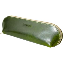 Luberi Pencil Case, Large Capacity, Cute, Round, Genuine Leather, Italian Oil Leather, YKK Zipper, Large Size, Pencil Case, Simple, Business, Students, Celebrations, Gift Box Included, green, casual