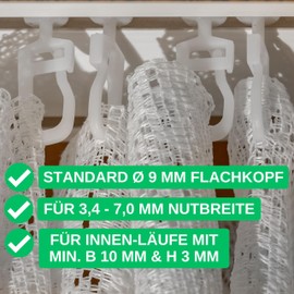 Curtain Gliders for Inner Track Rails, Pack of 128, with Diameter 9 mm Round Head, Includes 8 x Curtain Locks, in White, Pleated Gliders for Curtain Rails, Curtain Rails, Curtain Gliders, Curtain Roll