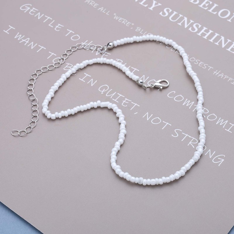 Jugielu Boho Tiny Seed Bead Necklace Choker White Beaded Necklace