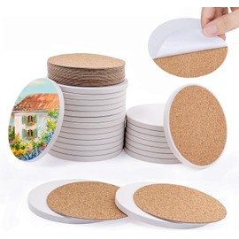 Pack of 24 White Ceramic Coasters, 10 x 10 cm Round Unglazed Tile Coasters, Empty Absorbent Unglazed Coasters with Non-Sliding Cork Base for DIY Craft Pot Coasters Glasses Cups