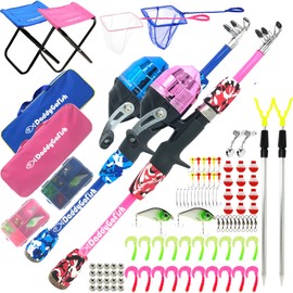 DaddyGoFish Kids Fishing Pole - Rod Reel Combo Tackle Box Starter Set - First Year Small Dock Gear Kit for Boys Girls Toddler Youth Age Beginner Little Children Junior Anglers (2 Pack Blue + Pink 5ft)