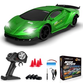 Everbigmai Remote Control Car, 1/24 Scale RC Drift Car, 4WD 15KM/H High Speed RC Cars, Racing Sport Toy Car with LED Lights, Racing Tire, Birthday for Kids Boys Girls, Rechargeable Battery