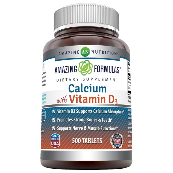 Amazing Formulas Calcium with Vitamin D3 500 Tablets Supplement | Non-GMO | Gluten Free | Made in USA
