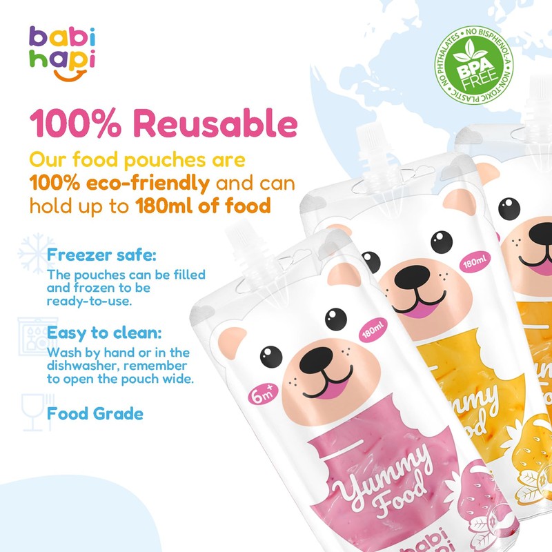 Babi Hapi Reusable Baby Food Pouches - 6 Pack Premium