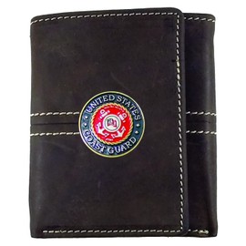 Custom Leather MW United States Coast Guard Trifold Stitch Wallet in Coffee