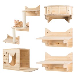 MIUZMORE Pine Cat Wall Frame for Climbing, Set of 5 Furniture, Shelves and Perches, House, Sisal Post Ladder, Steps and Travel Platform