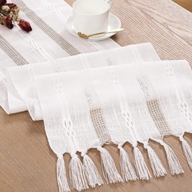 Socomi Farmhouse Table Runner 90 inches Macrame Woven Coffee Table Runner Cotton Rustic Fall ThanksgivingTable Runner with Tassels for Boho Home Decor Dining Living Room 13x90 inches Cream Ivory