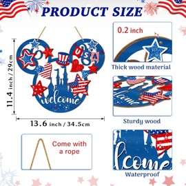 4th of July Door Sign Mouse Shaped Decorations, Patriotic Stars USA Wooden Signs, American Flag Welcome Hollow Out Wood Hanging Sign for Front Door Decor, Independence Day Party Home Wall Decor