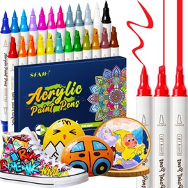 SFAIH Acrylic Paint Markers - [24 Dual Tip Brush + Chisel] Coloring Drawing Markers for Paper, Rock, Fabric, Wood, Glass, Coloring book, Decoration Any Surface, No Bleeding, Automatic Ink Control