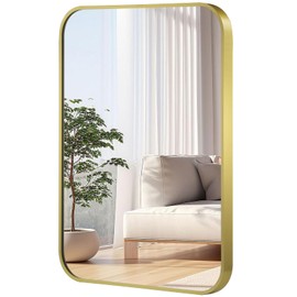 JENBELY 22x30 Inch Gold Mirror, Framed Rectangle Mirror with Rounded Corner, Brushed Brass Mirror, Gold Bathroom Mirror for Over Sink, Vanity, Living Room, Bedroom, Horizontal/Vertical