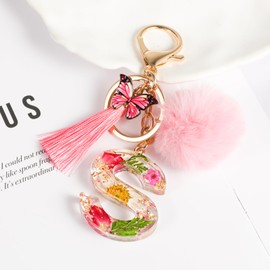 MWOOT Key Ring Letter, Pink Keyring with Initial Letters Butterfly Pompom Tassels Pendant for Women Girls, Resin Key Rings Name for Backpack Handbags Charms, s
