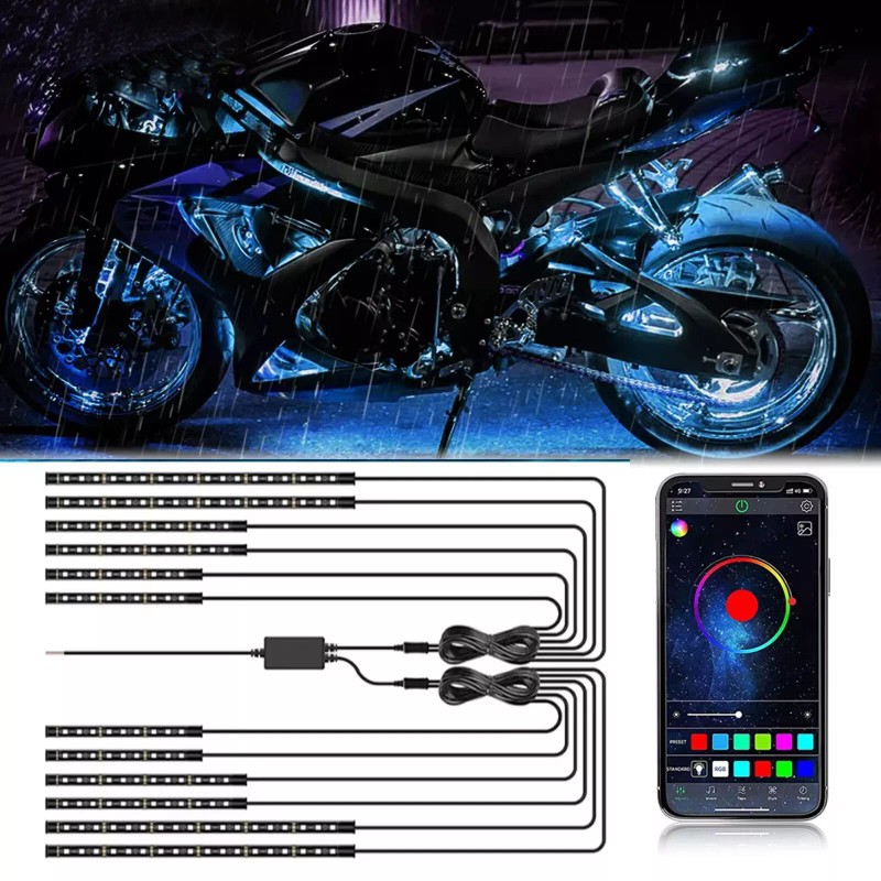 XUKEY 12Pc Motorcycle RGB LED Neon Under Glow Light Strip