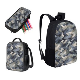 Garronmavis Camouflage Gray Stripes 17" College Backpacks Sets Geometric Stripe 3 Pieces Lunch Bag Modern Art Large Capacity Pencil Case for Student