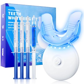 Professional Teeth Whitening Kit with LED Light & Sensitivity Relief Gel - Removes Coffee, Wine, Smoking Stains - Safe, Fast Results