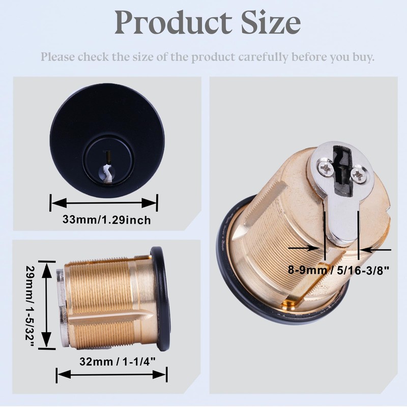 2 Pack Brass Keyd Alike Mortise Door Cylinder Lock, 1