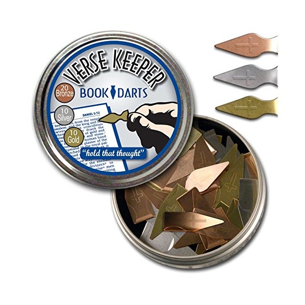 G.T. Luscombe Company, Inc. Verse Keeper Book Darts Tin – Mixed Colors | Safe to use on Thin Bible Paper | No Tearing, Stains or Marks and Reusable | Compact Tin | Bronze, Silver and Gold (Tin of 40)