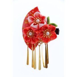 C-119-1 Red Handmade Fan Shape Sakura Cherry Blossom Fabric Flowers Tassels Hair Clip Hair Clip Hair Clip Japan Geisha Kimono Accessory